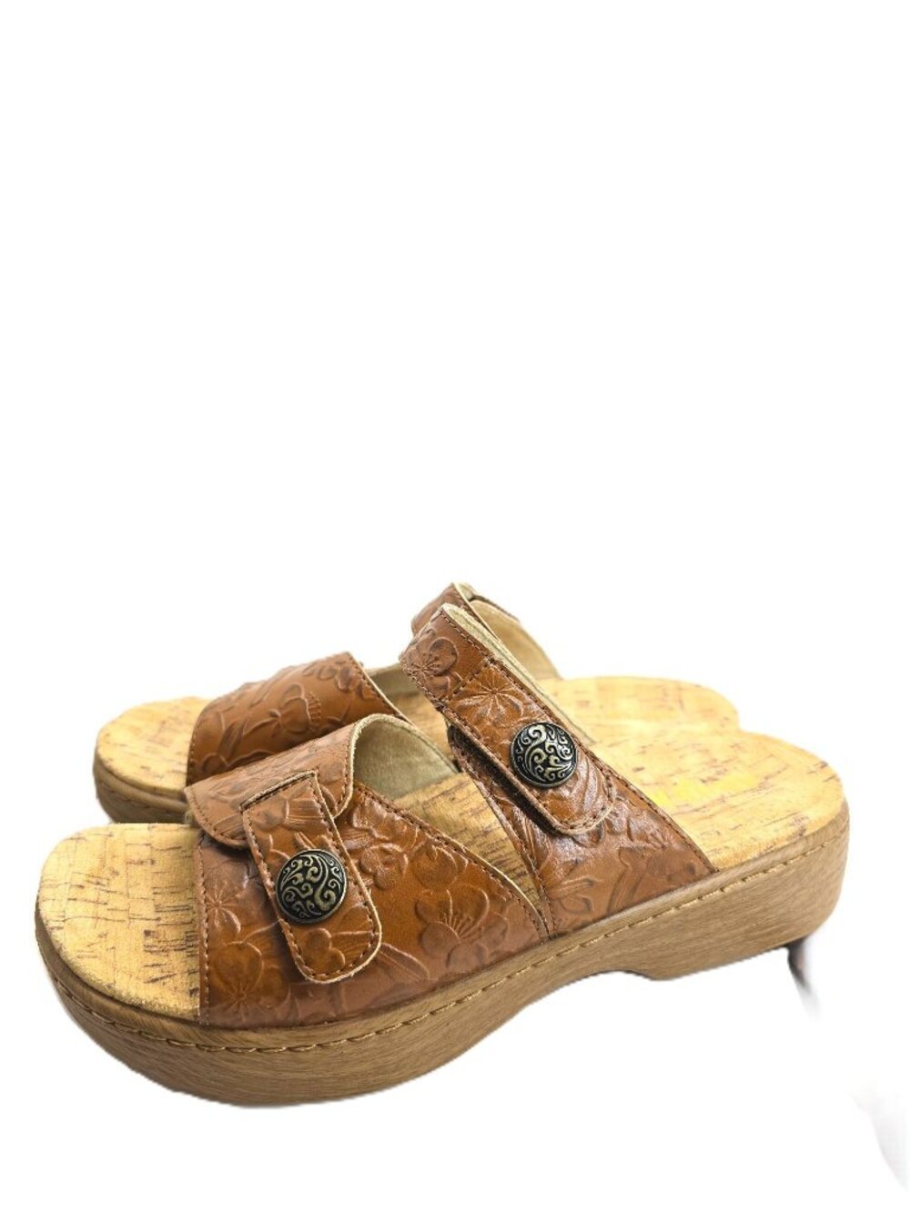 Alegria Cognac Brown Tooled Leather Slide Comfort Platform Sandals Women Size 38